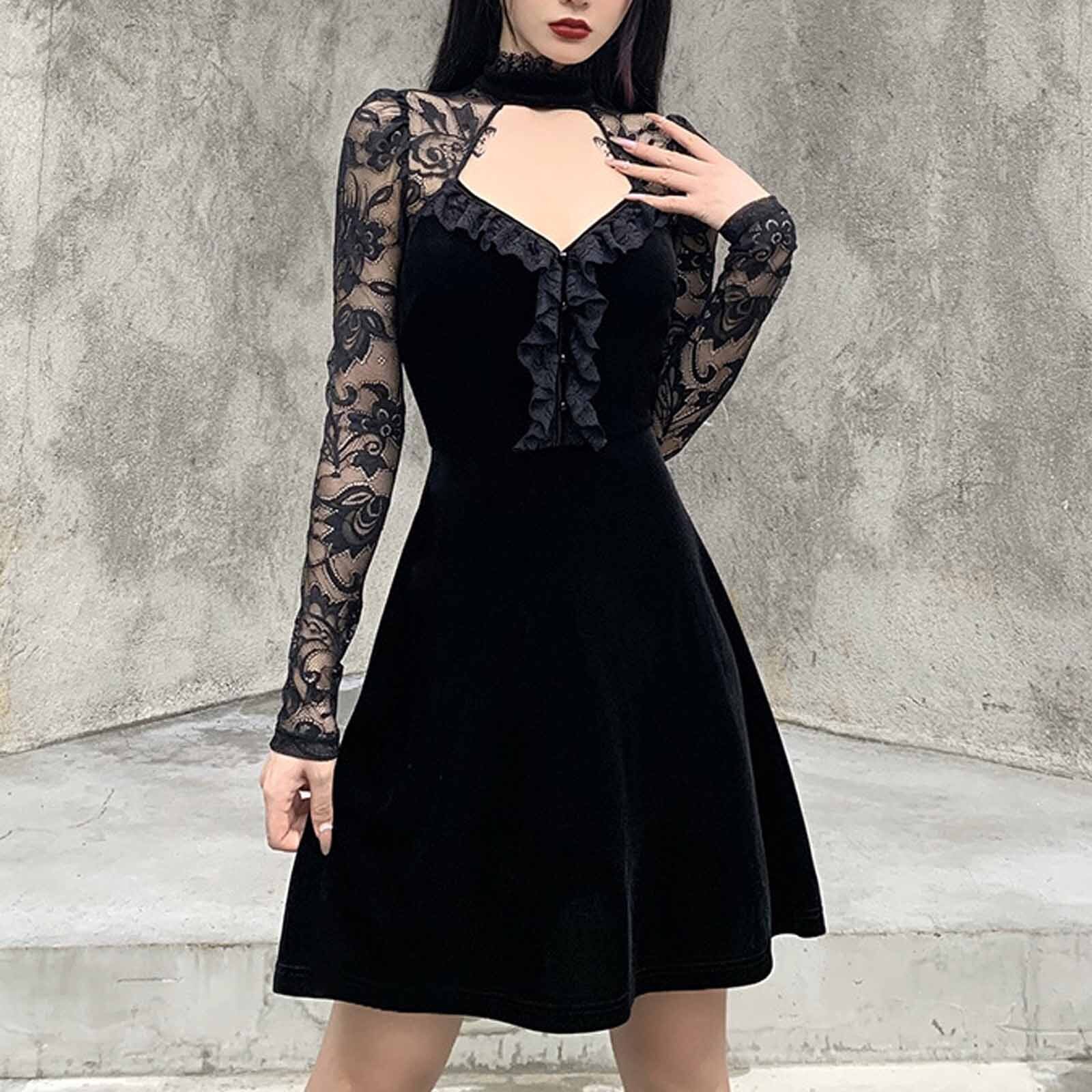 Women Gothic Dress Long Sleeve Hollow Out Lace Patchwork Punk Dress Autumn And Winter bodycon dress ropa de mujer