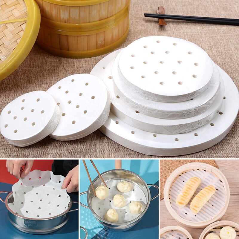 50Pc/Bag Air Fryer Steamer Liners Premium Perforated Wood Pulp Papers Non-Stick Steaming Basket Mat Baking Utensils For Kitchen
