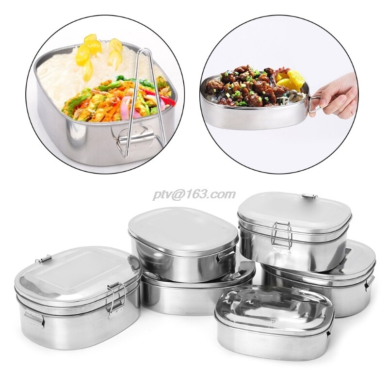 Stainless Steel Square Lunch Box Bento Food Picnic Container Travel 1/2 Layer