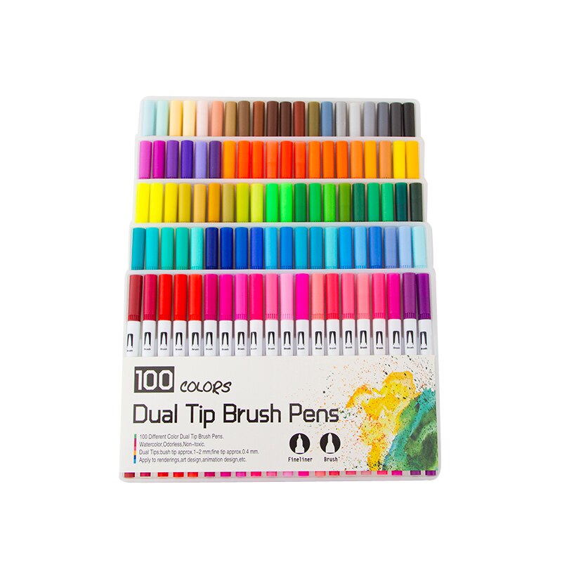 12 24 36 48 60 72 100 Clors Markers Fineliner Water Color Brush Pen Lettering Calligraphy Graffiti Marker Pen Set: 100 Colors White