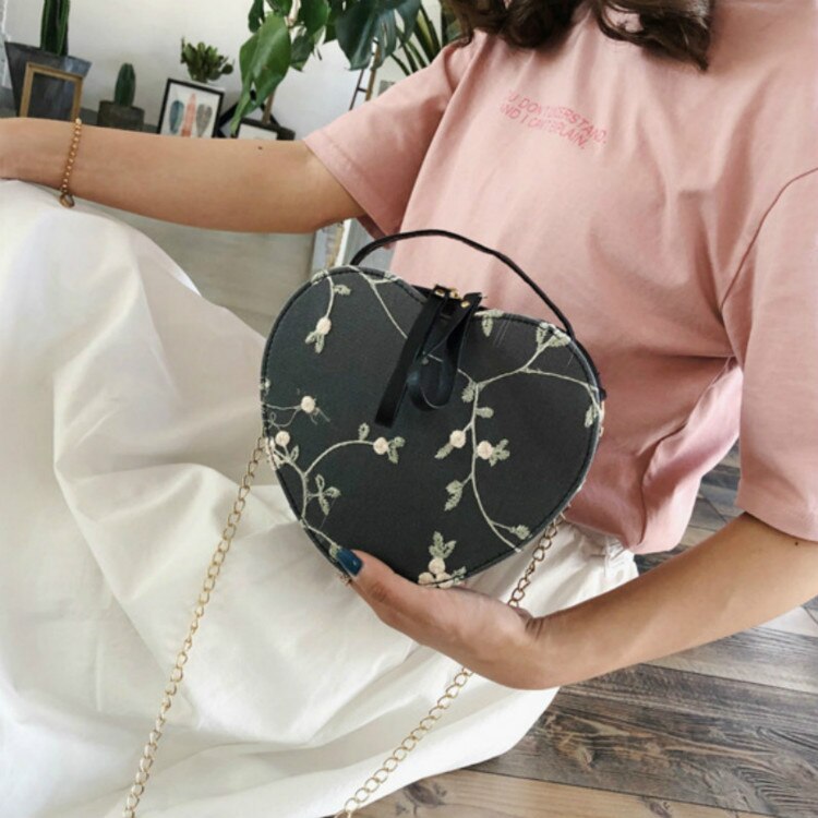 Bolso de hombro de encaje, bolsos de mujer de corazón de melocotón, bolso de mano de bordado, bolso Diagonal portátil para chica, bolso de cadena en forma de corazón para niña