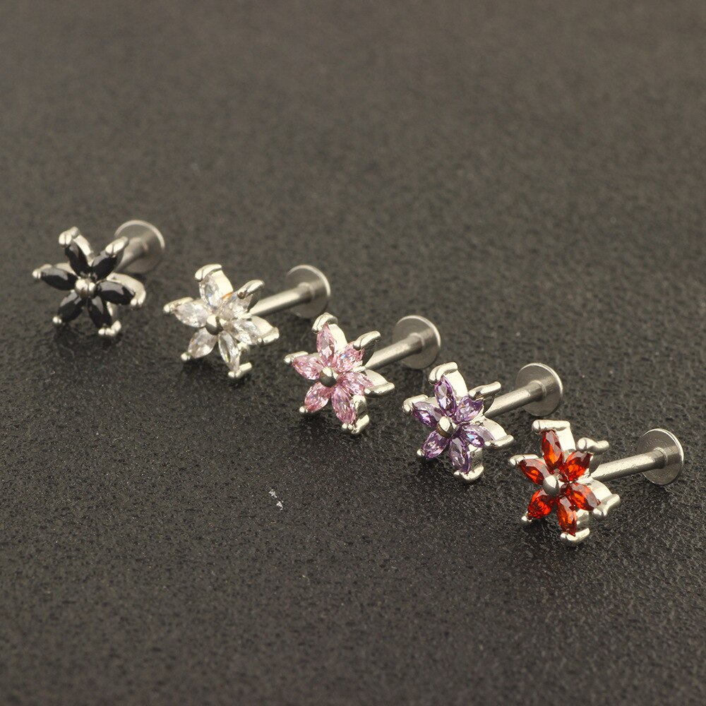 Imixlot 1 Uds. 6mm de longitud 16G Anillo para el labio labret pendiente de hueso de uñas Barbell Zircon Rose Flower Helix tragus piercing en la oreja joyería del cuerpo