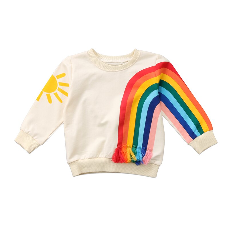 Regnbue sol print baby piger børn regnbue t-shirt tøj bluse sweater sweatshirt cardigan langærmet bomuldstøj: 5t