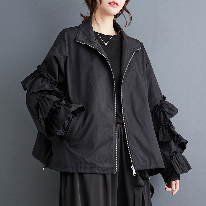 Übergroße schwarze Jahrgang geraffte Damen jacken Frühling Herbst lässig verlieren Jacke Mantel Strickjacke Kleidung Oberbekleidung 2024
