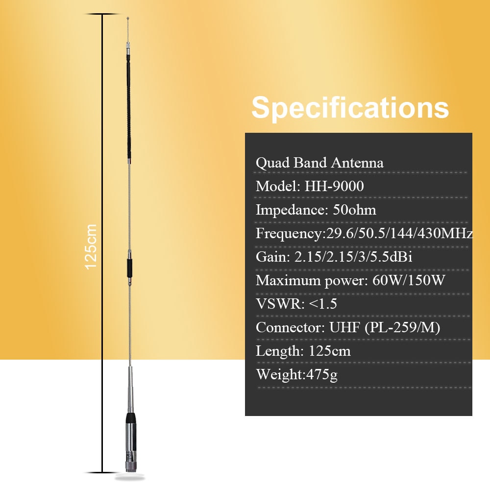 Mobile Antenna HH-9000 Quad Band 29.6/50.5/144/435MHz ANT for TYT TH-9800 QYT KT-7900D Two Way Radio