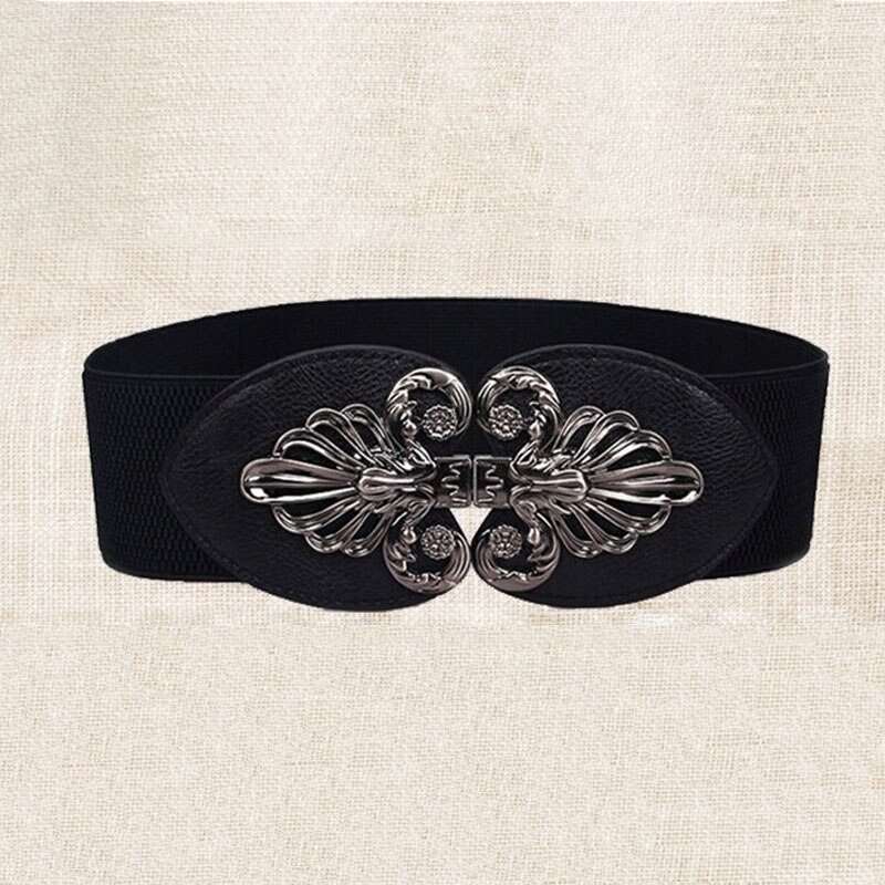 21 types Women Elastic Wide Belt Thick Vintage Totem Print Stretch Leather Waist Belt For Dress Corset Cinch Waistband Z30: Black  Gun black