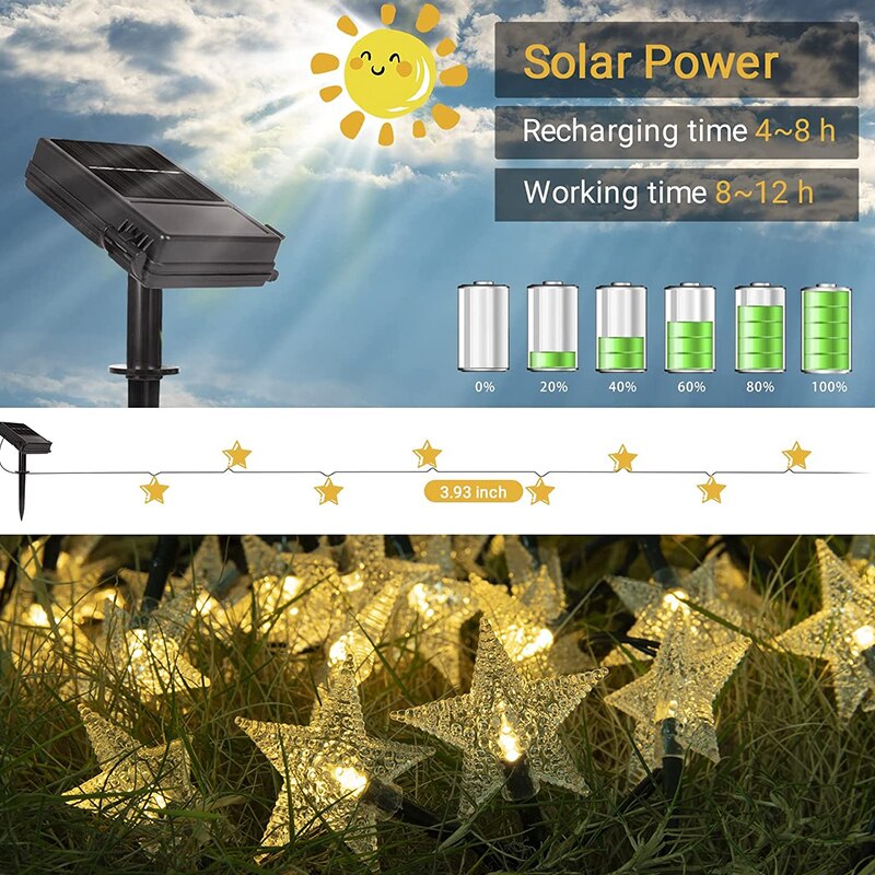 LED Star Solar Garden String Lights Outdoor Solar Powered Lamp Waterproof For Decoration Patio Yard Tree Christmas Wedding Party