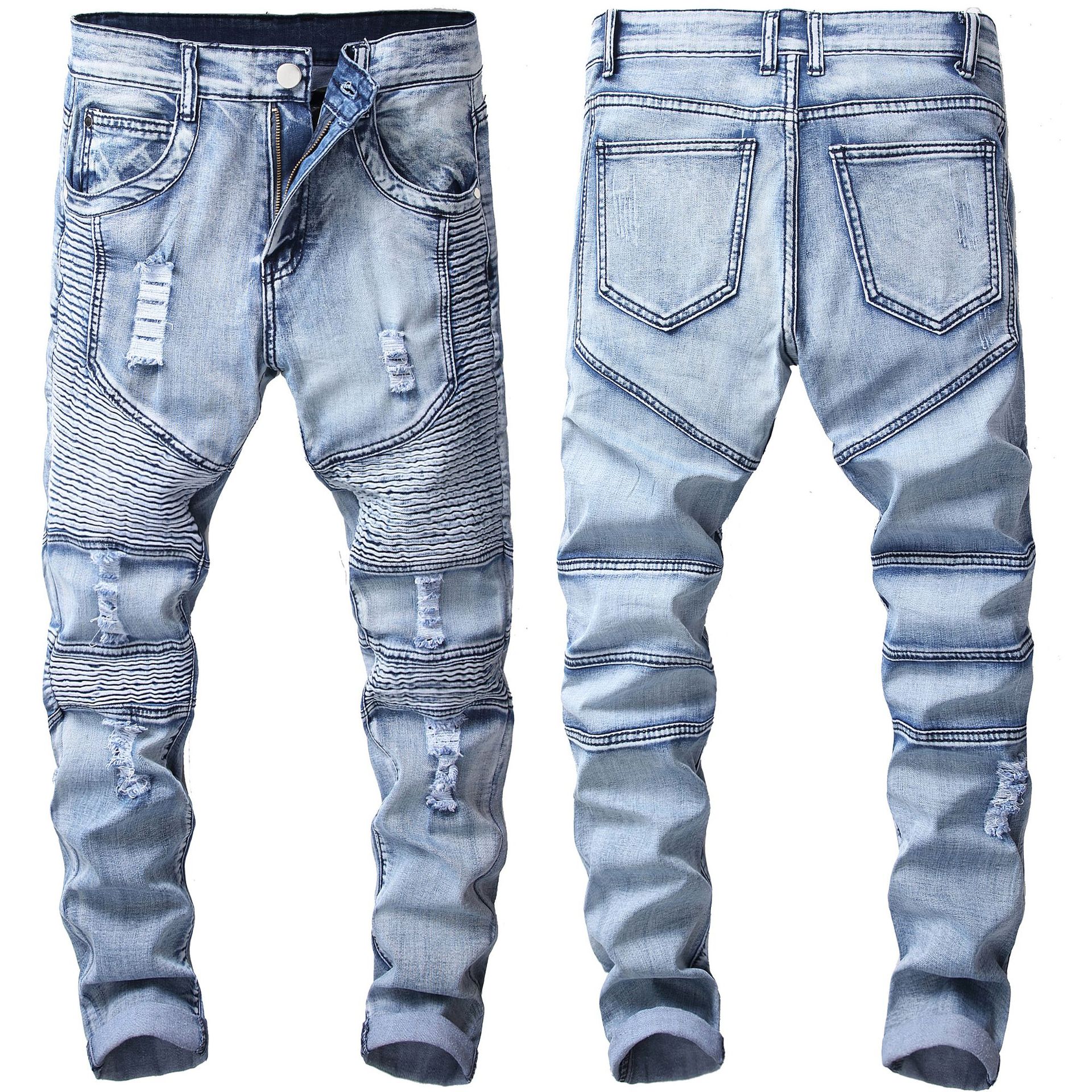 Jean déchiré pour homme, pantalon de moto plissé, troué, Denim, élastique, Slim, à la