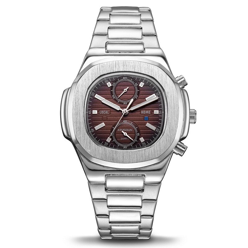 Rvs Sport Horloge Waterdicht Chronograaf Vierkante Quartz Horloge: Silver-Coffee