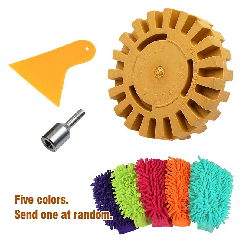 GTBL ensemble de 4 kits de dissolvant de décalcomanie de voiture, y compris gant de Chenille/grattoir/roue de gomme en caoutchouc de 4 pouces/Kit adaptateur de forage