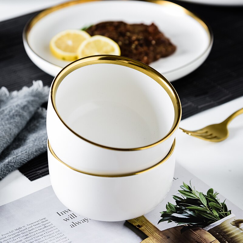 Juego de vajilla de porcelana con borde dorado, plato de cerámica para pastel, comida, ensalada, sopa, tazón, vajilla para restaurante