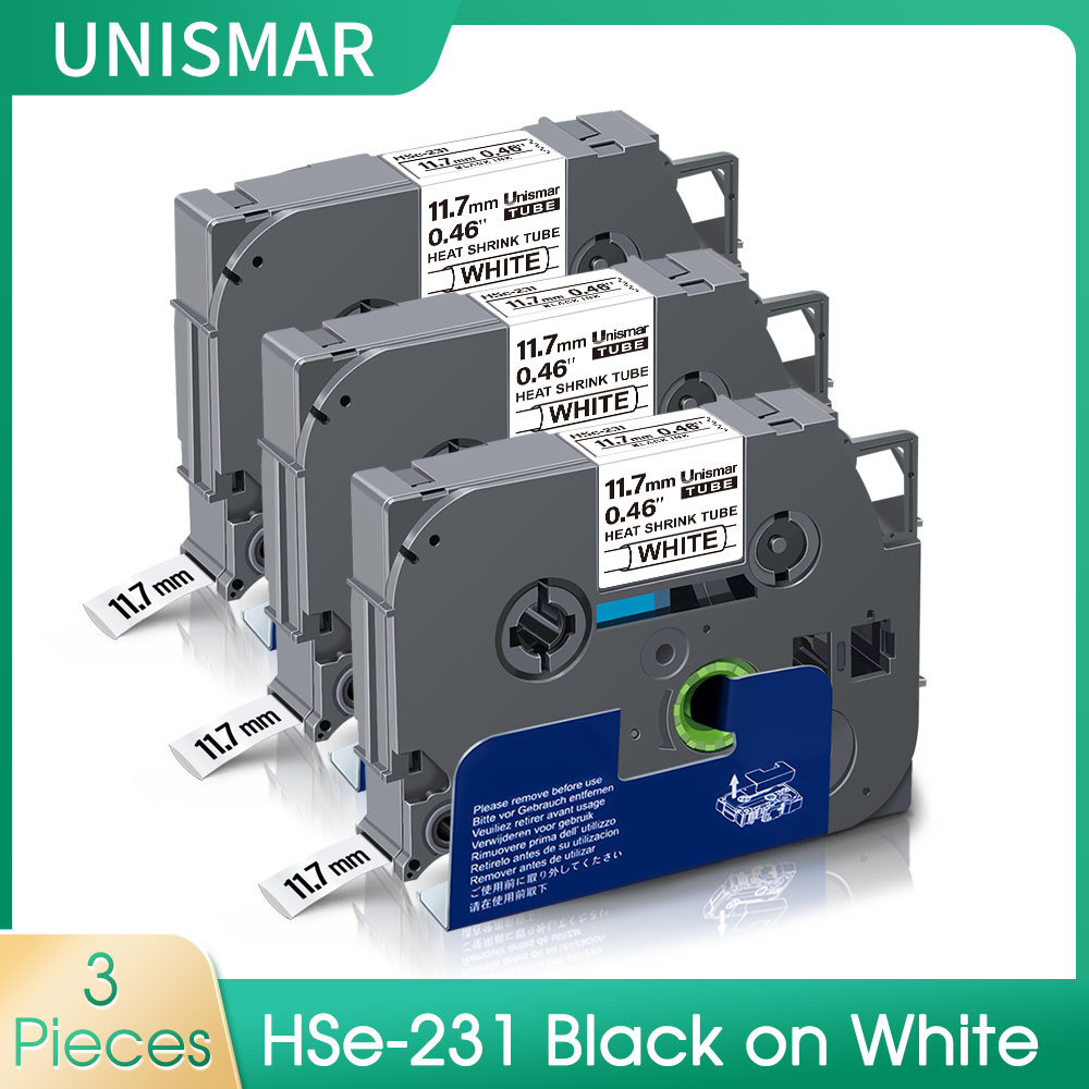 Unismar 3PK HSe-231 Cassette Heat Shrink Tube Tape 11.7mm Black on White for Brother P-Touch PT-E500 E500VP PT-E550W E550WVP