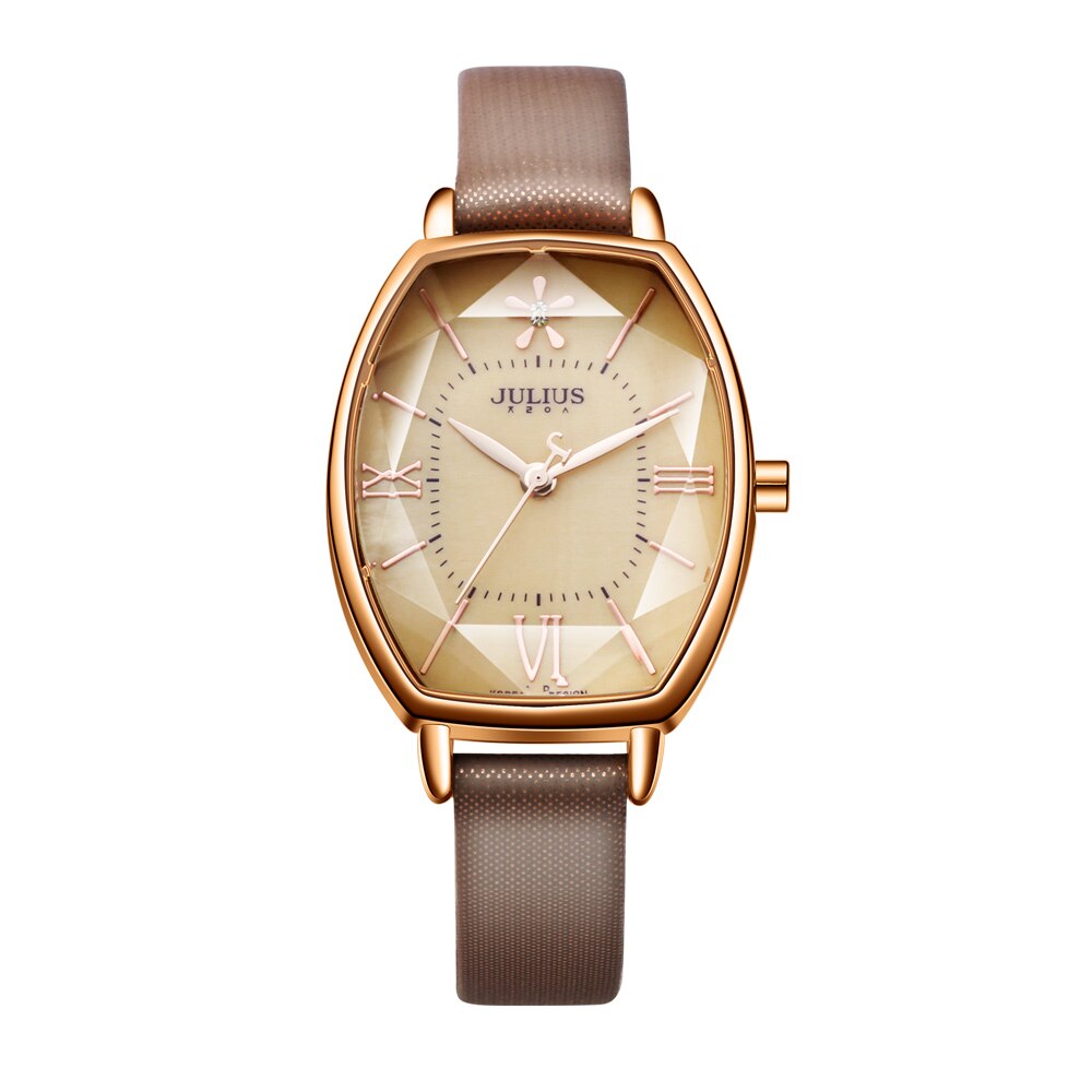 Julius-Reloj de mujer japonés Mov't Hours nácar, pulsera fina de , vestido de cuero con corte de estrella, de cumpleaños para niña: Marrón