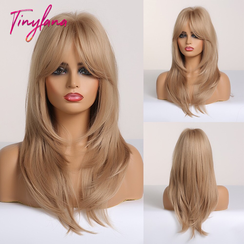 TINY LANA-Peluca de cabello sintético para mujer, cabellera artificial liso de longitud media, color negro y marrón, capas resistentes al calor con flequillo, Natural: LC259-2