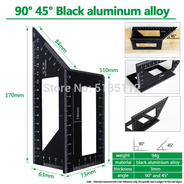 Aluminum alloy stainless steel multi-function T-shape combination square 90degree right angle 45degree marking woodworking tool: 90 and 45 black