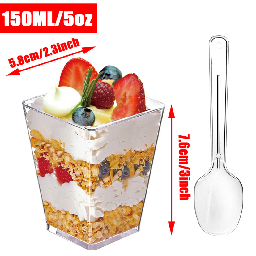 20Pack Plastic Mini Dessert Cups with spoons Parfait Appetizer Cups Party Clear Pudding Fruit Ice Cream Cup Dessert Shot Glasses: WHITE