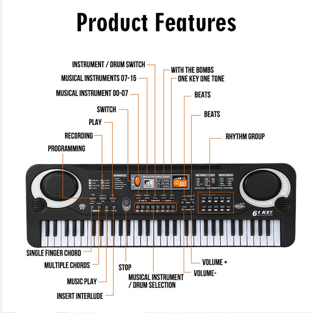 61-Key Digital Electric Keyboard Portable Piano Multi-Functional Keyboard With Microphone Music Keyboard For Kids Children