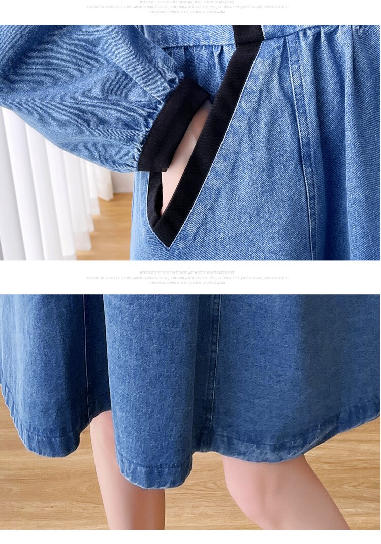 Vestido vaquero premamá de manga larga para mujeres embarazadas, ropa de embarazo de estilo coreano, con cuello vuelto, botón, a la