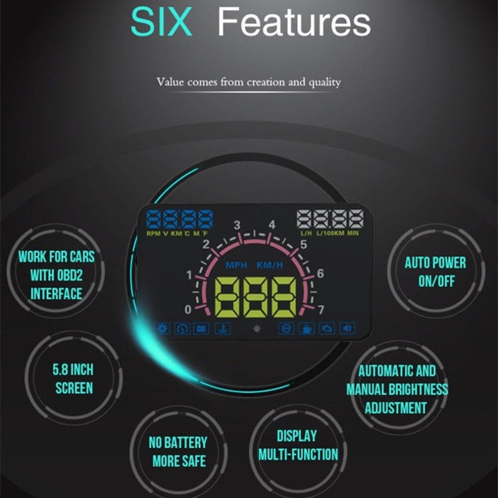 5.8-Inch OBD II Universal Hud Head Up Display Windshield Projector Hud Projector OBD2 EUOBD Car Driving Speed Meter