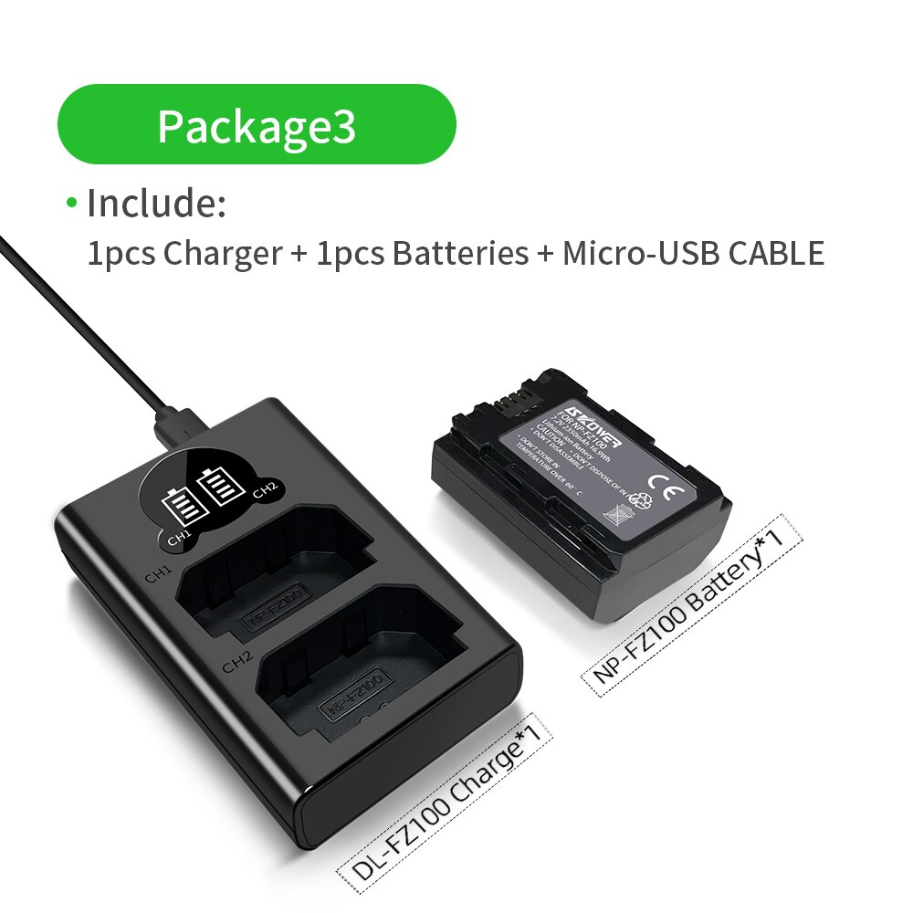 2350mAh NP-FZ100 Batterie Pour Sony NPF-Z100 BC-QZ Alpha a9/ a7R III/ a7 III/ 9R/A9R/9S/ A6600 Caméra Avec Double LED USB Chargeur: 1PCS and Charger