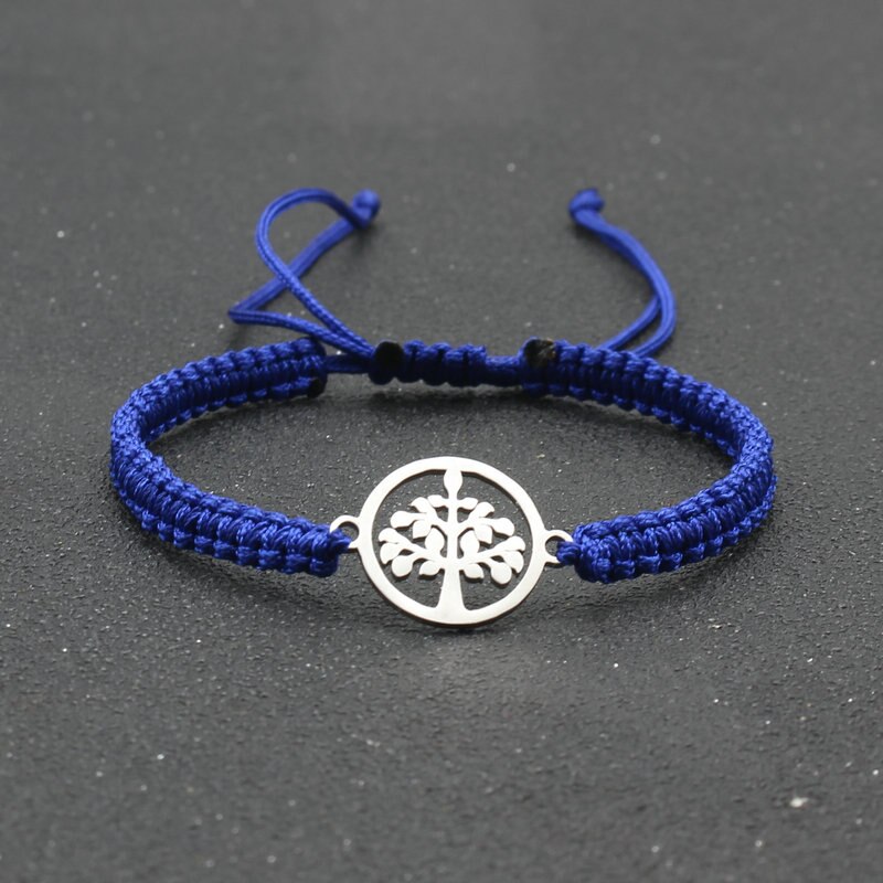 Pulsera de cuerda hecha a mano para hombre y mujer, brazalete de acero inoxidable con colgante de árbol de la vida, ajustable, para pareja: Blue
