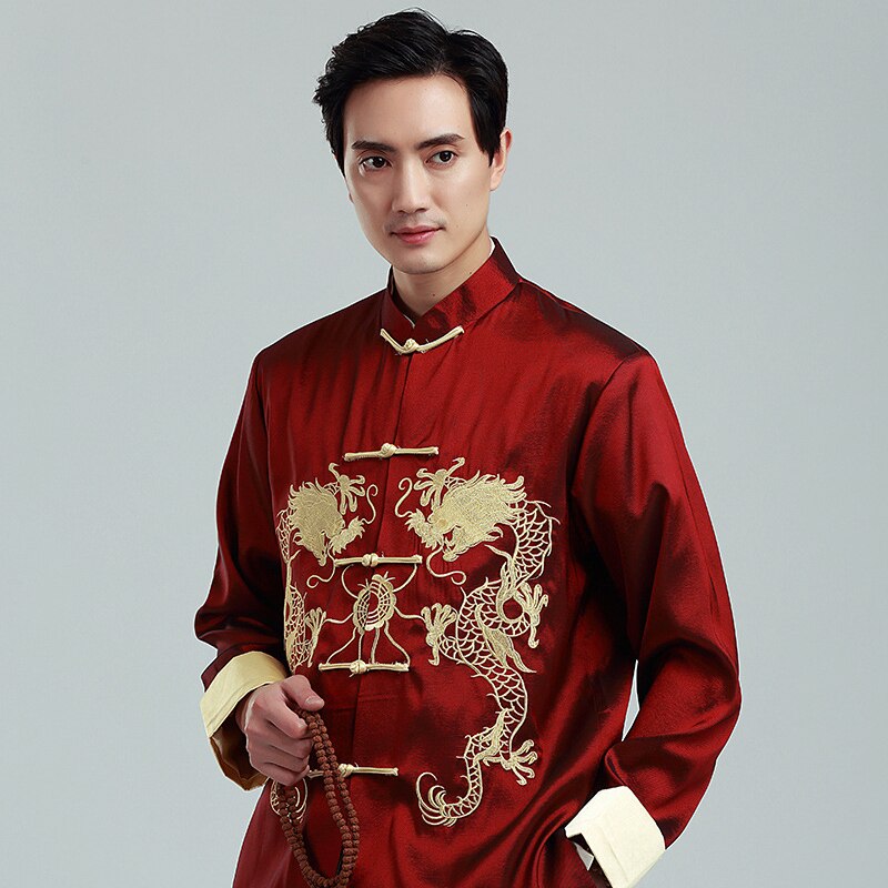 Chinese Kung Fu Geborduurde Gouden Dubbele Draak Tang Pak Mannen Met Lange Mouwen Jas Lente Herfst Leisure Kraag Jas bruce Lee