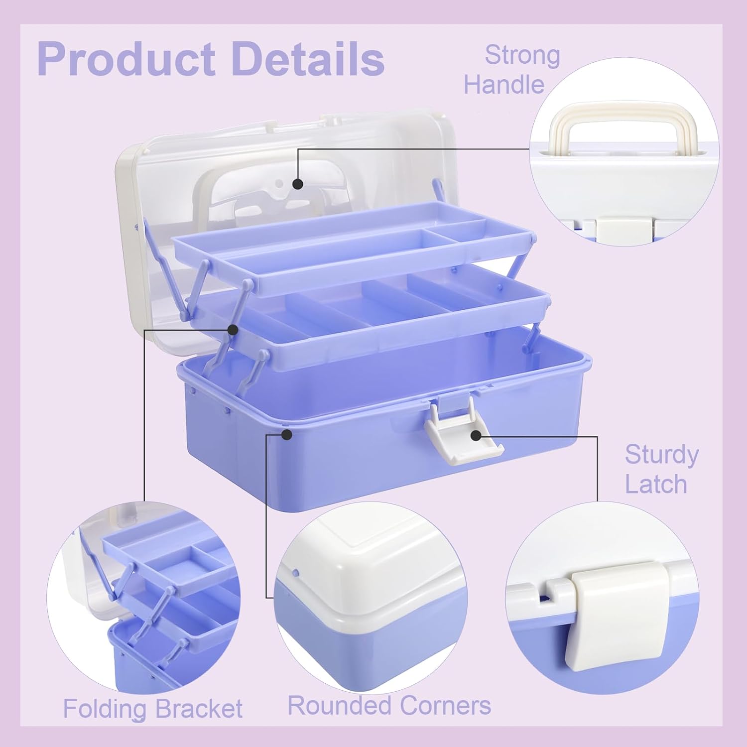 Three-layer plastic storage box 12.4-inch multifunctional craft storage box with dividers and handles, foldable