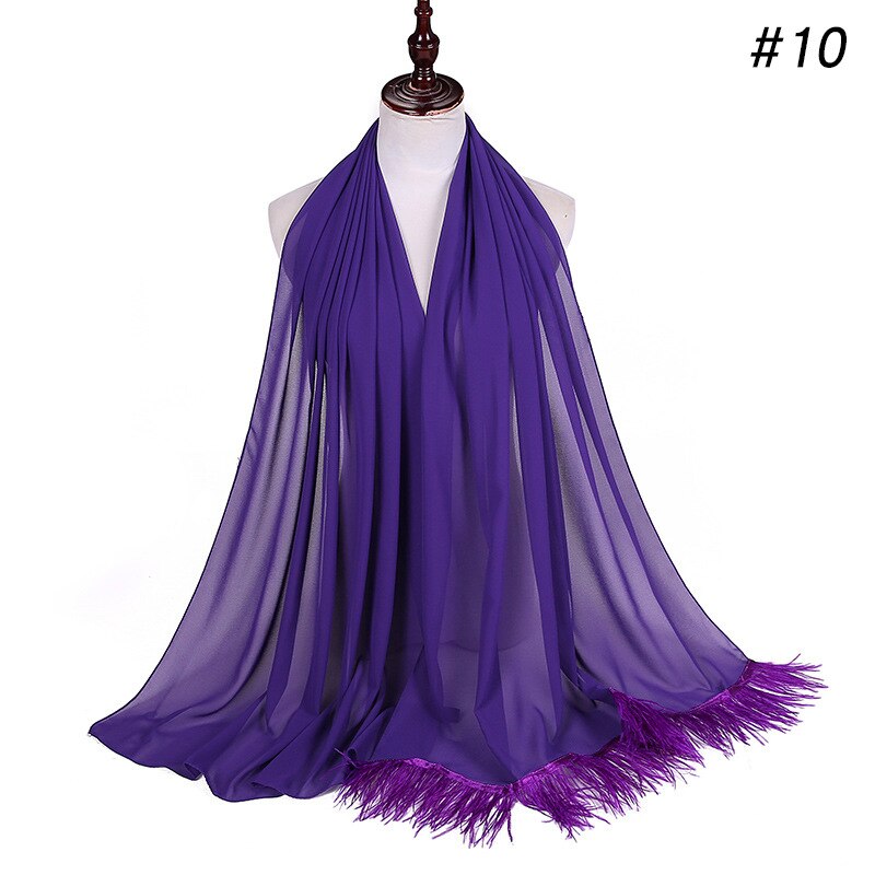 Trend Feather Hijabs Turban Chiffon Single-Side Short Feather Stitching Scarf Long Shawl For Muslim Women Headscarf: 10 dark purple