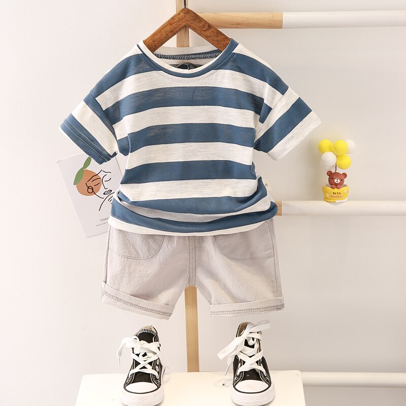 2022 Baby Junge Kleidung einstellen Sommer lässig freundlicher Kleidung Für Jungen Kurzarm Spitzen T-Shirt + kurze Hose Streifen Kleinkind freundlicher kleidung: Blau / 2-3T