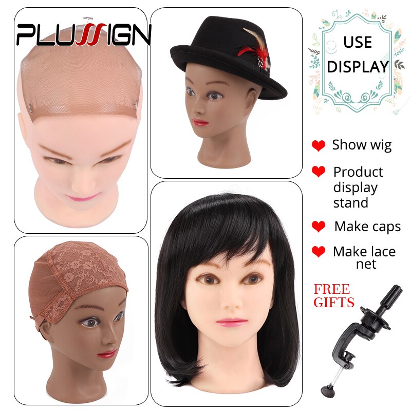 Plussign Female Mannequin Head Bald With Table Clamp Manikin Head For Wig Making Hat Display Makeup Practice 19-21"