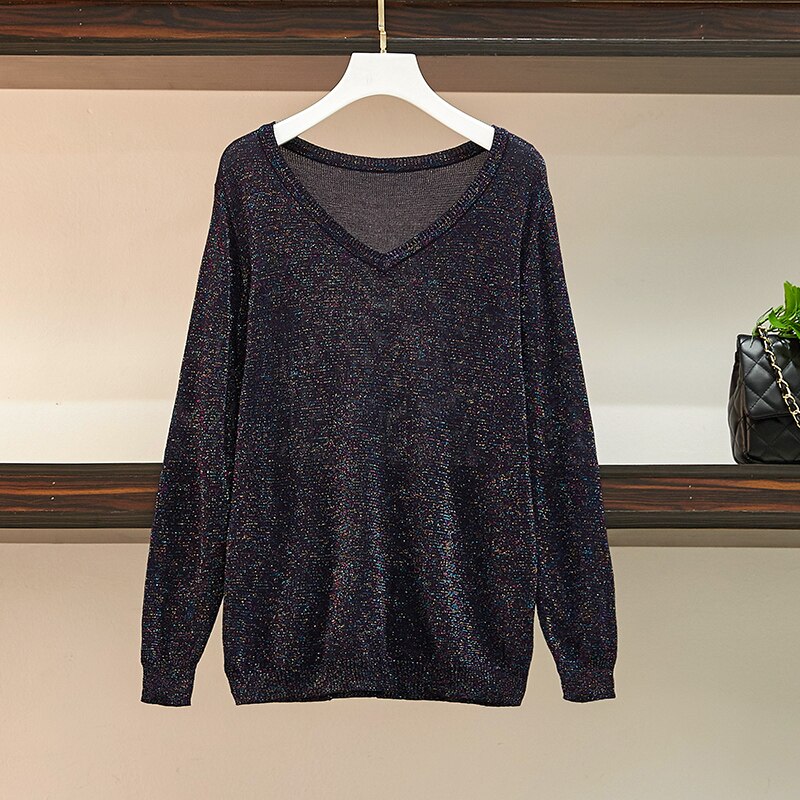 Skinnende lurex efterår vinter oversize sweater kvinder langærmet pullover v-hals basic sweater løs glitter strik dame