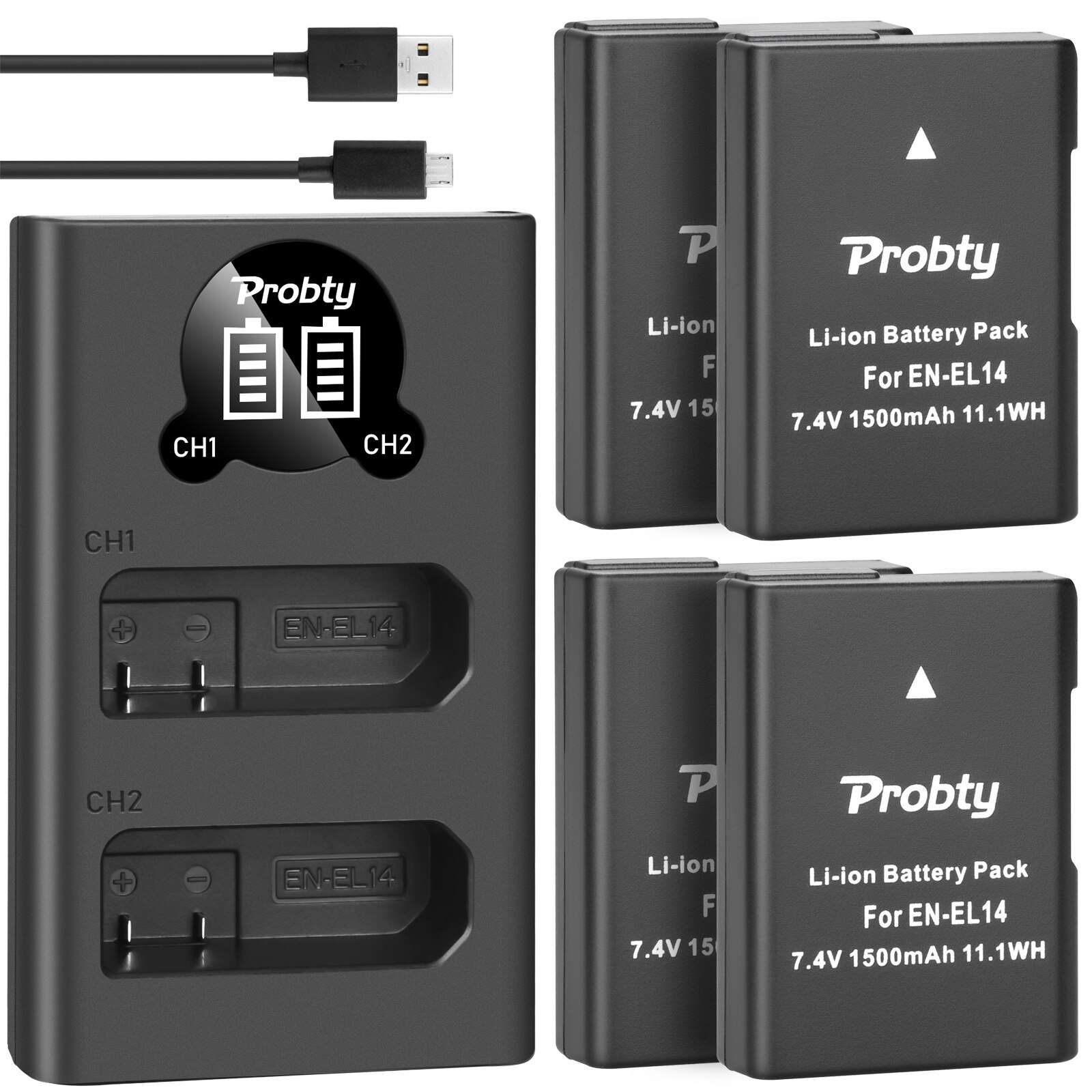 7.4v 1500 mah en -el14 en-el14a enel 14 akku nikon  d3100 d3200 d3300 d3400 d3500 d5600 d5100 d5200 p7000+ led -akkulaturille: 4 akkua laturilla