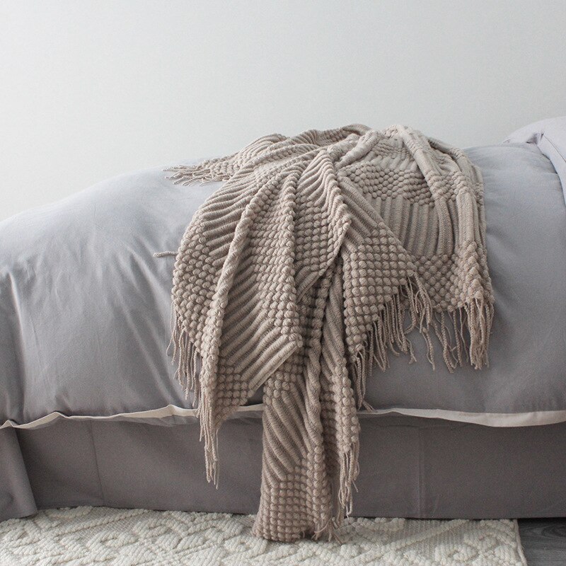 Europe Plaid Knit Air Conditioner Cover Nap blanket Comfortable warm tassel Nordic solid color Blankets for Beds Sofa: Khaki / 127x170cm