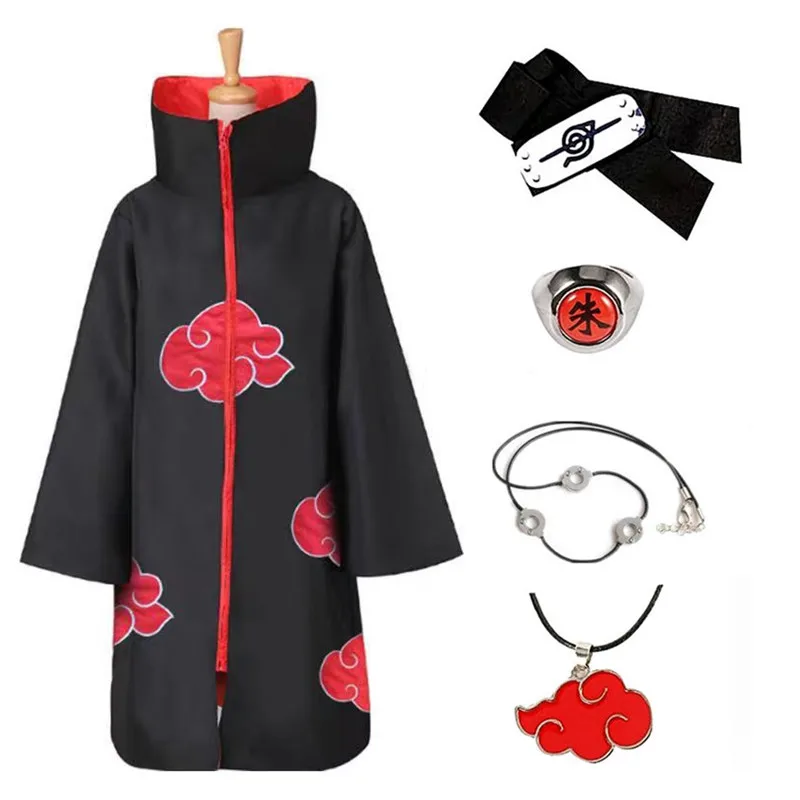 Disfraz de Anime Ninja, bata de organización del amanecer de Halloween, capa de nube roja bordada, bata negra Unisex, anillo con collar