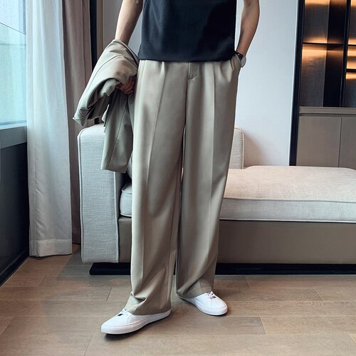 Hombre Casual suelto recto ancho pierna pantalones de traje de los hombres Streetwear Vintage pantalones coreano Chic Pantalones largos: Caqui / M