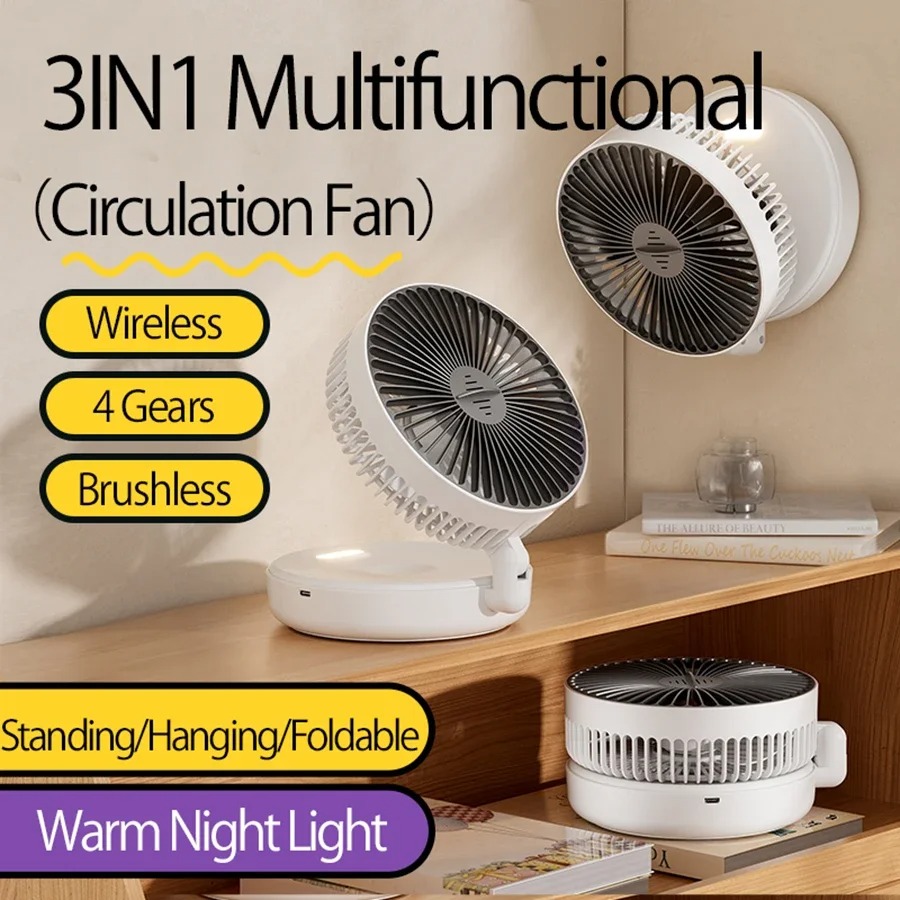 Opvouwbare Oplaadbare Ventilator Muur Gemonteerde Ventilator Plafond Ventilator Luchtcirculatie Ventilator Met Led Licht