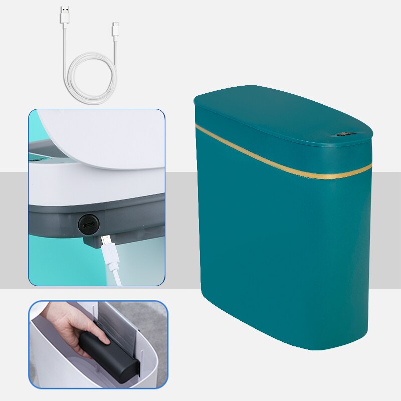 Smart Trash Can USB Charging Waste Bin For Kitchen Bathroom Dustbin Automatic Sensor Garbage Can Home Narrow Seam Waste Bin: Green