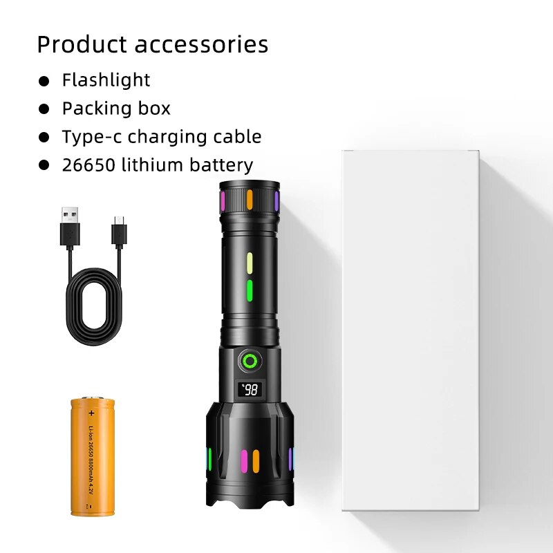 Hochleistungs-Scheinwerfer, LED-Taschenlampe mit großer Reichweite, fluoreszierende absorbierende Folie, leuchtende bunte Zoomen-Taschenlampe, Camping-Notfall: Lila