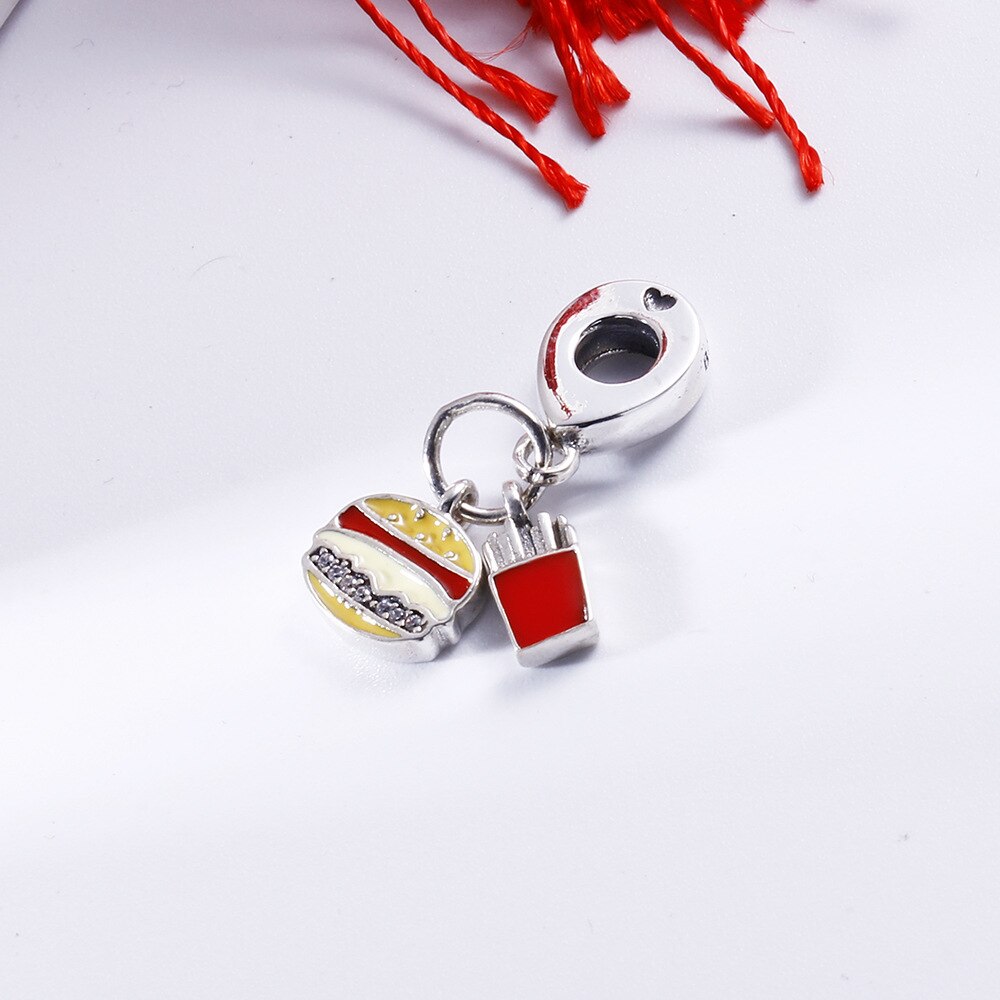 Genuine 925 Sterling Silver Charm Red Enamel Burger & Fries With Best Friend Beads Fit Pan Bracelet & Necklace Jewelry