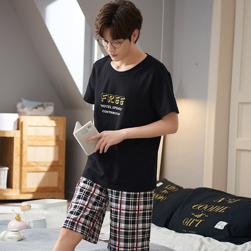 Men's Sleepwear 100% Cotton Pijama Hombre Summer Short Sleeve T-Shirts Plaid Shorts With Pockts Pajamas For Men Pyjama PJS