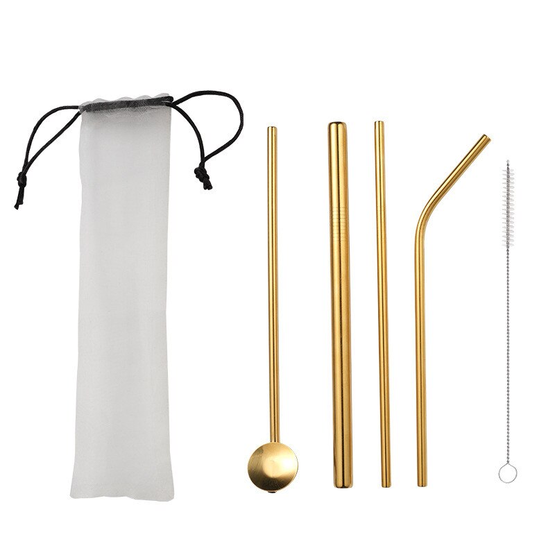 5pcs Reusable Metal Drinking Straws 304 Stainless Steel Sturdy Bent Straight Drinks Straw for Milkshake Bubble Tea with Brush: Gold