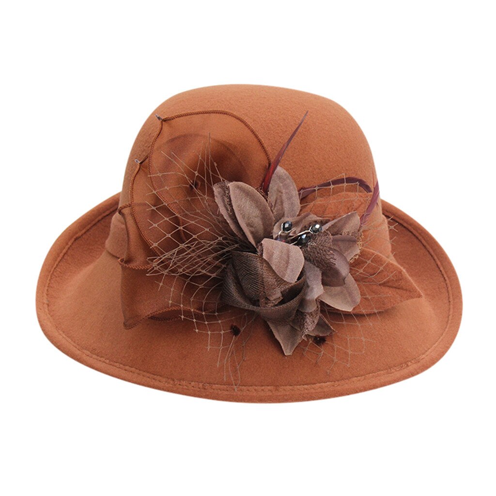 Vintage Black Wool Felt Cloche Hat With Bowknot Wide Brim Bowler Winter Fedoras Ladies Yellow Blue Floppy Derby Hats Cap#p5: Brown