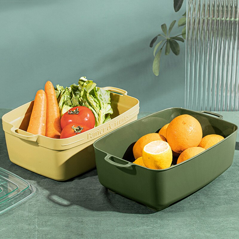 Cesta de drenaje de doble capa con cubierta, cuenco de limpieza de frutas y verduras, cesta de almacenamiento de frutas, cocina para lavar frutas