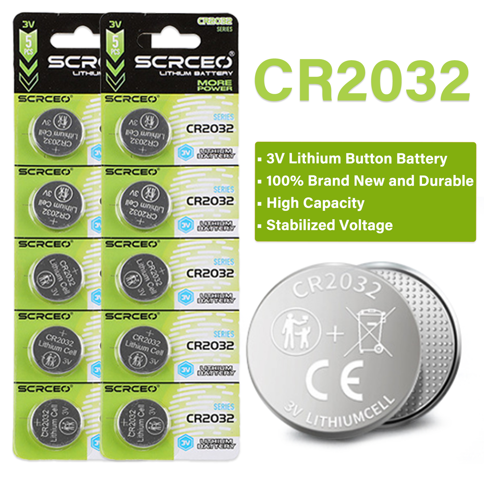 5-100PK CR2032 Batterie a bottone al litio nuovissime e durevoli Sostituisci DL2032 ECR2032 BR2032 Batteria a bottone al litio 3V per orologi giocattoli