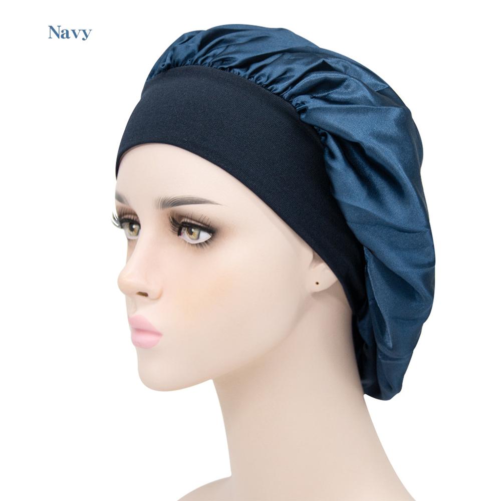 Gorro de descanso de ala ancha de satén para mujer, gorro de dormir para el cuidado del cabello, gorro de noche, Unisex, gorro de ducha, envoltura de cabeza de seda: navy-blue