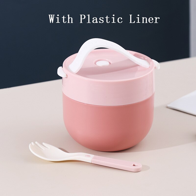 Portable Soup Cup Lunch Box Stainless Steel/Plastic Thermos Mug Food Container Thermal Cup Vacuum Bento Box With Spoon For Kids: A-Pink