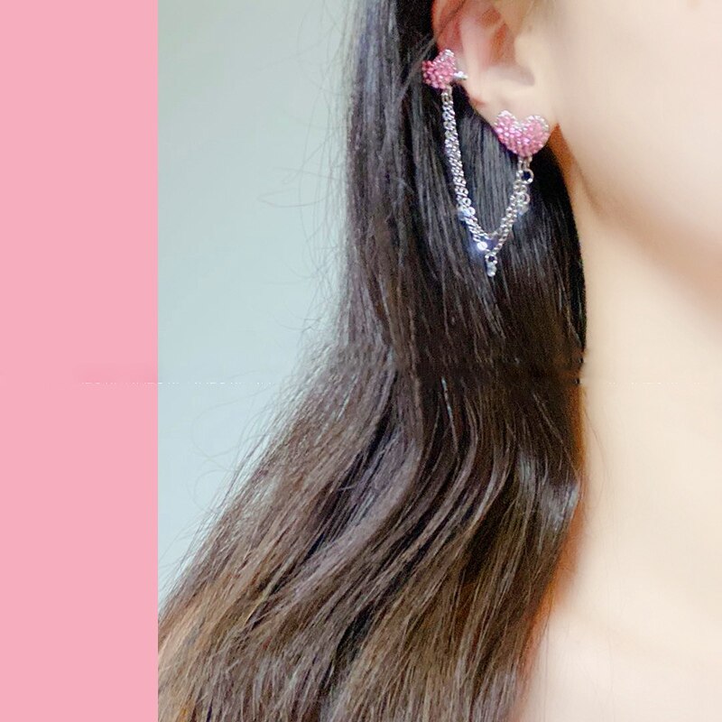 Mengjiqiao coreano elegante brilhante strass amor coração longo chian gota brincos para as meninas 2 em 1 pendientes doce jóias