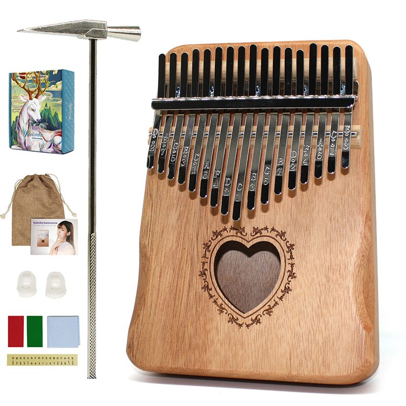 Kalimba 17 Keys Thumb Piano Mahogany Mbira Body Musical Instruments Handguard Wood Kalimba Piano Music Box: Love-Khaki