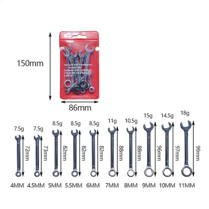 Mini Wrench, Inch Ignition Wrench Set, Open-End Set Wrench, Used to Assemble Furniture, Small Equipment, Automobiles