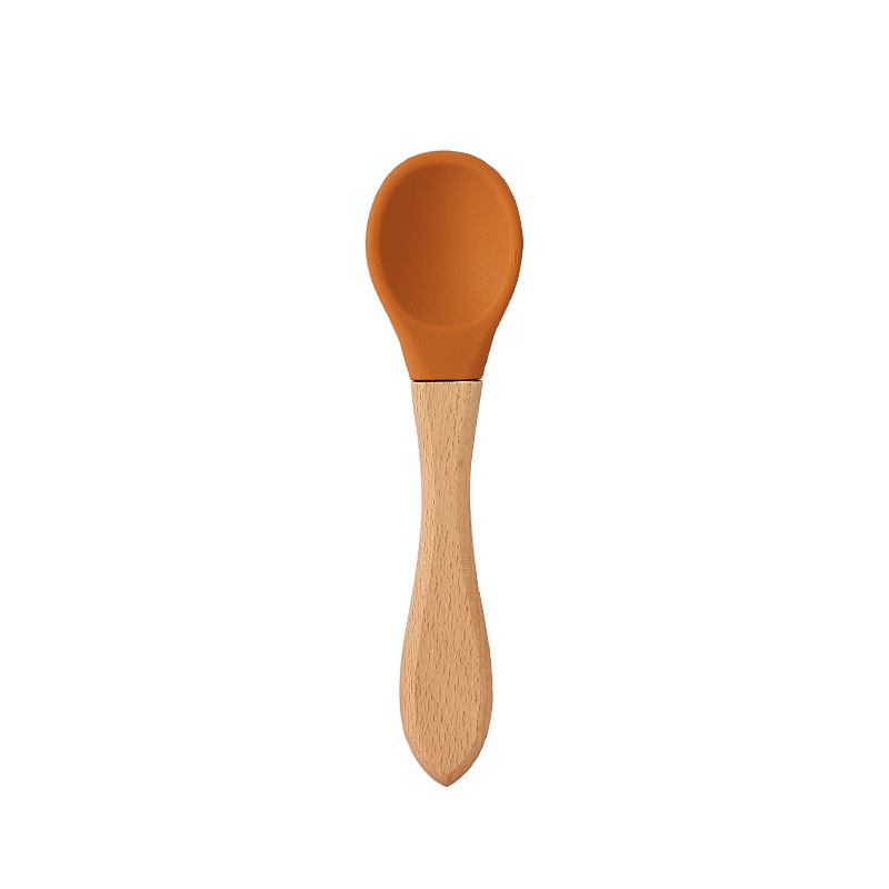 Feeding Wooden Handle Silicone Spoon For Baby Utensils Eat Soild Food Kids Training Manipulative Ability Children's Tableware: E219465